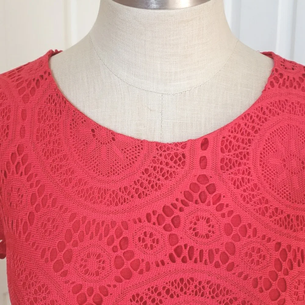 VINTAGE 90's Coral Red Crochet Lace Short Sleeve Shift Dress Tunic SMALL